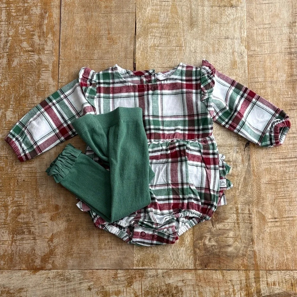 NWOT Ruffle Butts Girls Plaid Romper with Tights 0-3m